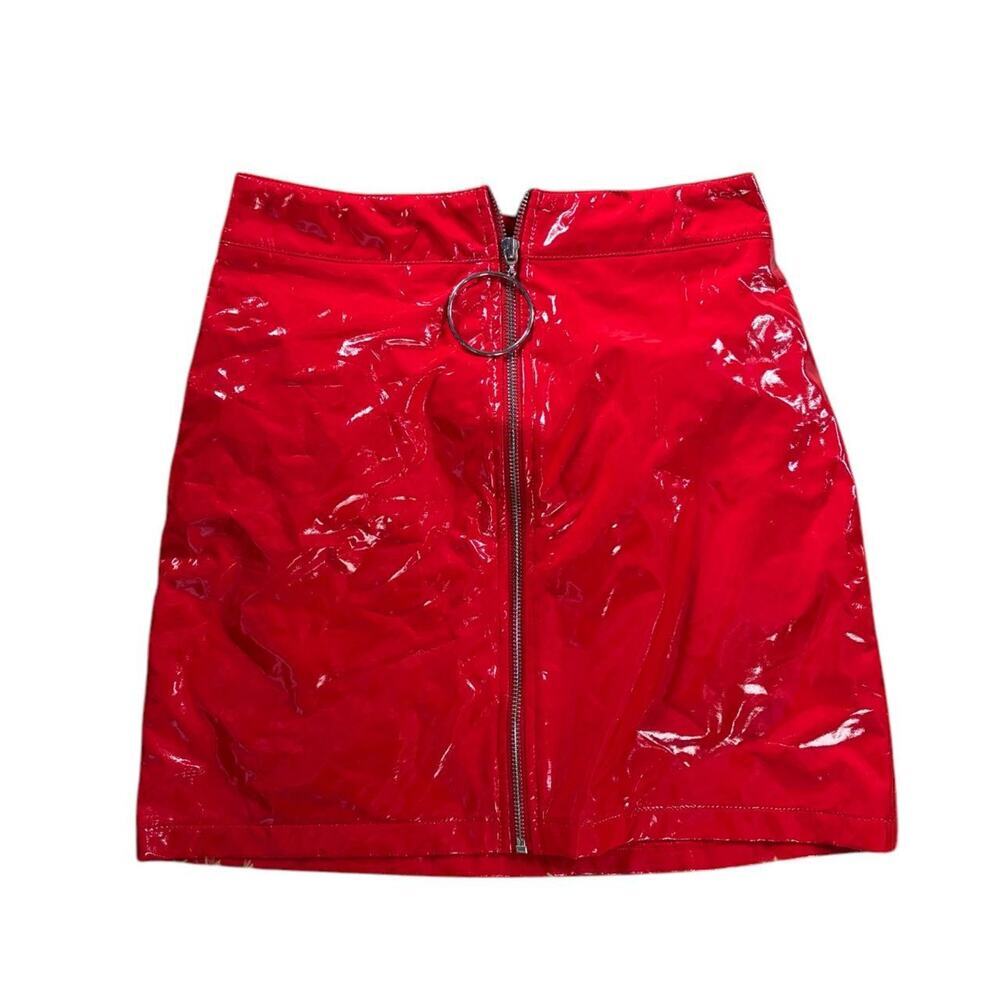Red Patent Vinyl Mini Skirt - O-Ring Zipper, Retro Futuristic, Festival Outfit